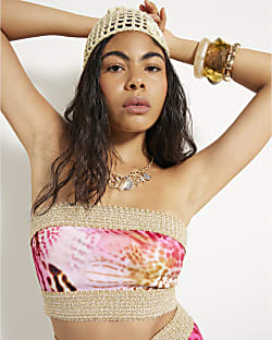 Pink Animal Print Bandeau Bikini Top