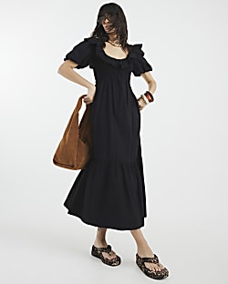 Black V Neck Frill Midi Dress