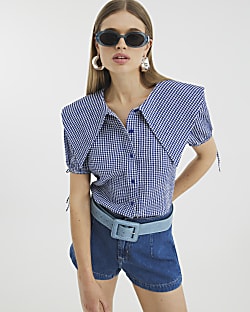 Blue Gingham Short Sleeve Collared Shirt
