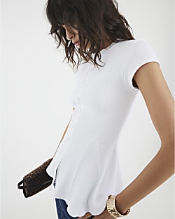 White Short Sleeve Button Up Peplum Top