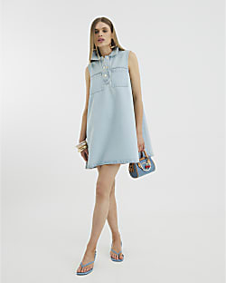 Blue Denim Sleeveless Collared Shirt Dress