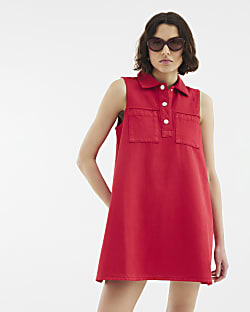 Red Denim Sleeveless Collared Shirt Dress