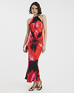 Pink Floral Print Halter Neck Maxi Dress