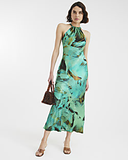 Blue Floral Print Halter Neck Maxi Dress