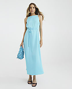 Blue Satin Tie Waist Slip Dress