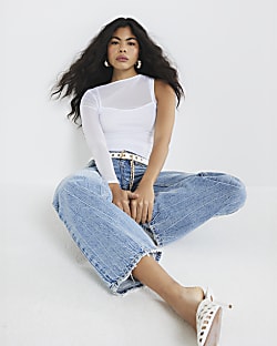 White Mesh Asymmetric Ruched Top