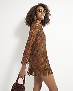 Brown Long Sleeve Crochet Tunic Beach Dress