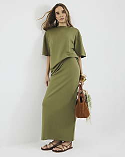 Khaki Neoprene Maxi Skirt