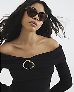 Black Long Sleeve Buckle Trim Bardot Top