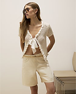 Cream Crochet Bow Front Cardigan