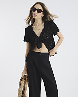 Black Crochet Bow Front Cardigan