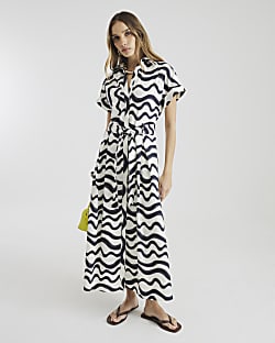 Black Printed Short Sleeve Midi Shirt Dress