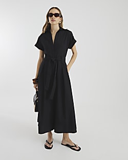 Black Short Sleeve Midi Shirt Dress