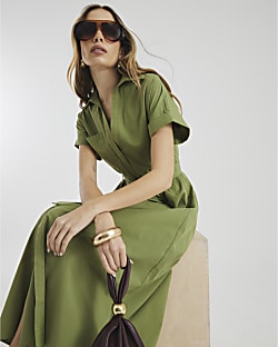 Khaki Short Sleeve Midi Shirt Dress