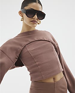 Brown 2 In 1 Cami Cropped Sweatshirt