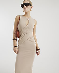 Beige Sleeveless Cut Out Midi Dress