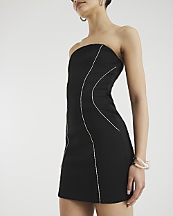 Black Diamante Scuba Bandeau Mini Dress