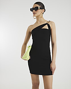 Black Asymmetric Chain Trim Mini Dress