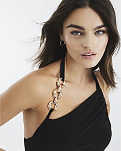 Black Chain Trim Halter Neck Midi Dress