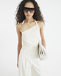 Cream Sleeveless Chain Trim Halter Neck Top