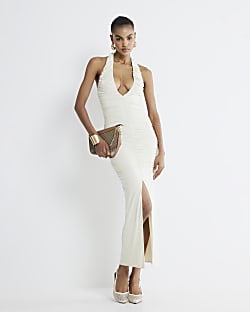 Cream Ruched Halter Neck Midi Dress