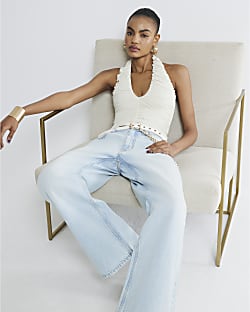 Cream Ruched Halter Neck Top