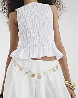 White Sleeveless Shirred Tank Top