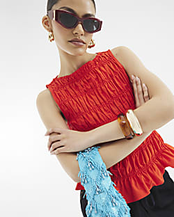 Red Sleeveless Shirred Tank Top