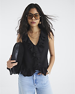 Black Sleeveless Ruffle Top