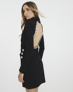 Black Diamante Open Back Mini Dress