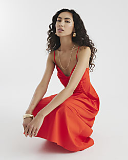 Red Strappy Pintuck Waist Midi Dress