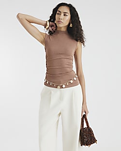 Beige Sleeveless Ruched Side Top