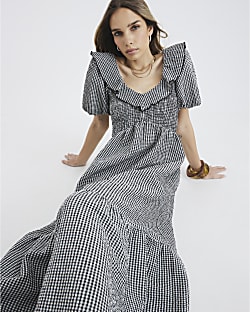 Black Gingham V Neck Frill Midi Dress
