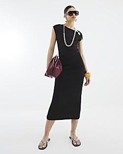Black Short Sleeve Drape Midi Dress