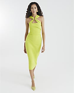 Lime Ring Detail Halter Neck Midi Dress