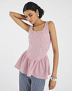 Red Sleeveless Stripe Peplum Top