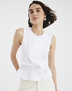 White Sleeveless Poplin Mix Frill Top