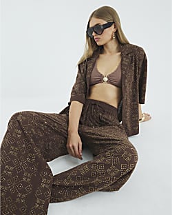 Brown Stud Embellished Wide Leg Trousers