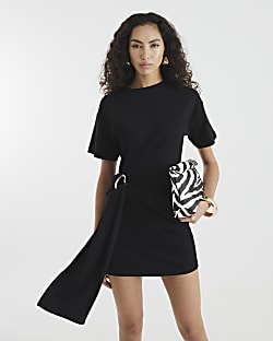 Black Short Sleeve Belted Mini Dress