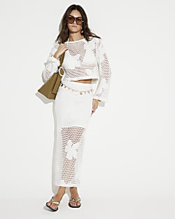 White Floral Mesh Midi Skirt