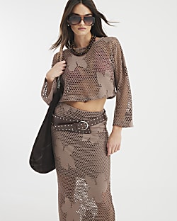 Brown Long Sleeve Floral Mesh Top