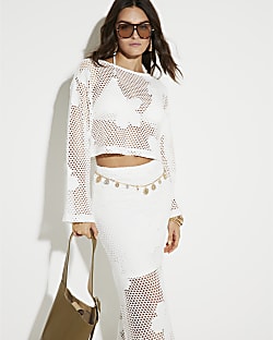 White Long Sleeve Floral Mesh Top