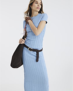 Blue Textured Midi Skirt