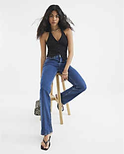 Black Halter Neck Button Through Top