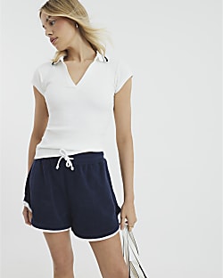 White Short Sleeve Ribbed Polo Top