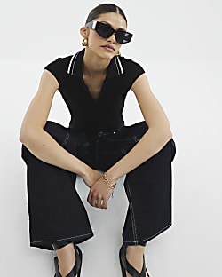 Black Short Sleeve Ribbed Polo Top