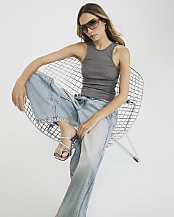 Grey Sleeveless Diamante Detail Tank Top