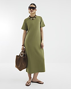 Khaki Premium Short Sleeve T-Shirt Maxi Dress