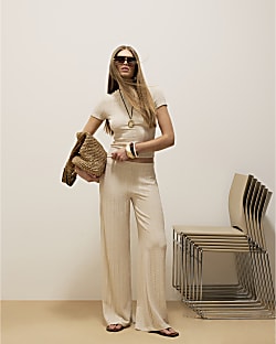 Cream Textured Wide Leg Trousers