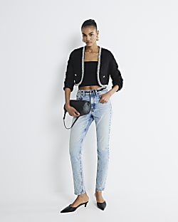 Black Boucle Pearl Trim Cropped Jacket
